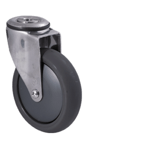 M Series stainless steel specialised castor, 125mm polyurethane on nylon wheel, precision bearing, swivel bolt hole, Bluestone thread guard, 200 kg load