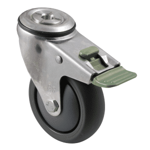 M Series stainless steel specialised castor, 125mm polyurethane on nylon wheel, precision bearing, swivel bolt hole, direction lock, Bluestone thread guard, 200 kg load