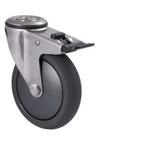 M Series stainless steel specialised castor, 125mm polyurethane on nylon wheel, precision bearing, swivel bolt hole, total brake, Bluestone thread guard, 200 kg load