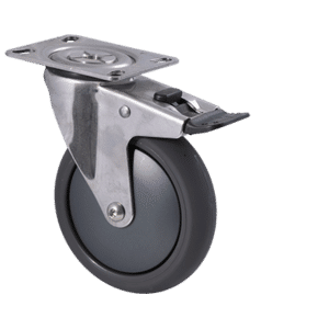 M Series stainless steel specialised castor, 125mm polyurethane on nylon wheel, precision bearing, total brake, Bluestone thread guard, 200 kg load