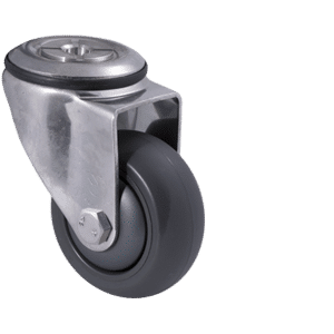 M Series stainless steel specialised castor, 75mm polyurethane on nylon wheel, precision bearing, swivel bolt hole, Bluestone thread guard, 200 kg load