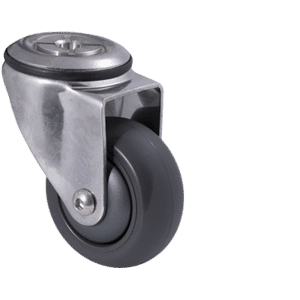 M Series stainless steel specialised castor, 75mm polyurethane on nylon wheel, precision bearing, swivel bolt hole, Bluestone thread guard, 200 kg load