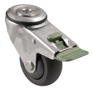 M Series stainless steel specialised castor, 75mm polyurethane on nylon wheel, precision bearing, swivel bolt hole, direction lock, Bluestone thread guard, 200 kg load