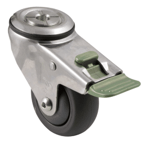 M Series stainless steel specialised castor, 75mm polyurethane on nylon wheel, precision bearing, swivel bolt hole, direction lock, Bluestone thread guard, 200 kg load