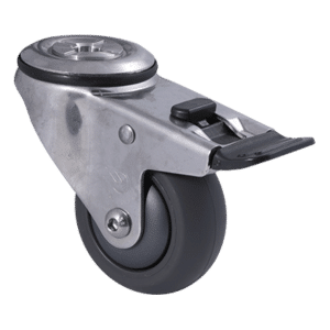 M Series stainless steel specialised castor, 75mm polyurethane on nylon wheel, precision bearing, swivel bolt hole, total brake, Bluestone thread guard, 200 kg load