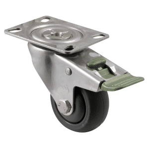 M Series stainless steel specialised castor, 75mm polyurethane on nylon wheel, precision bearing, swivel plate, direction lock, Bluestone thread guard, 200 kg load