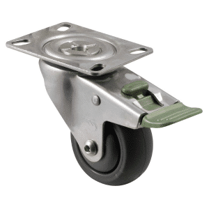 M Series stainless steel specialised castor, 75mm polyurethane on nylon wheel, precision bearing, swivel plate, direction lock, Bluestone thread guard, 200 kg load
