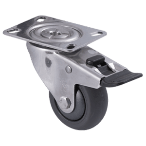 M Series stainless steel specialised castor, 75mm polyurethane on nylon wheel, precision bearing, swivel plate, total brake, Bluestone thread guard, 200 kg load