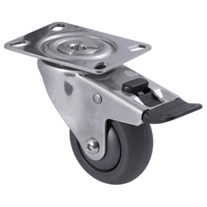 M Series stainless steel specialised castor, 75mm polyurethane on nylon wheel, precision bearing, swivel plate, total brake, Bluestone thread guard, 200 kg load