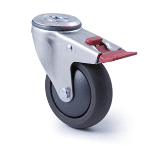 M Series castor, 100mm polyurethane on nylon wheel, swivel bolt hole, total brake, Bluestone thread guard, 200 kg load