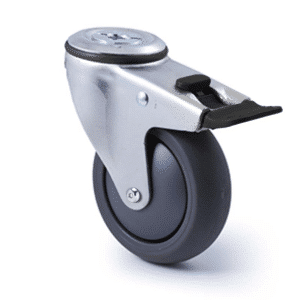 M Series castor, 100mm polyurethane on nylon wheel, swivel bolt hole, total brake, black seal & pedal, Chicago screw axle, Bluestone thread guard, 200 kg load