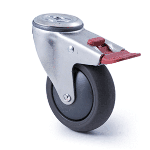 M Series castor, 100mm polyurethane on nylon wheel, swivel bolt hole, total brake, Chicago screw axle, Bluestone thread guard, 200 kg load