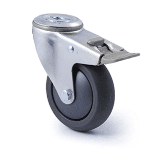 M Series castor, 100mm polyurethane on nylon wheel, swivel bolt hole, total brake, grey seal & pedal, Bluestone thread guard, 200 kg load