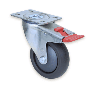 M Series castor, 100mm polyurethane on nylon wheel, swivel North American (NA) plate, total brake, Bluestone thread guard, 200 kg load