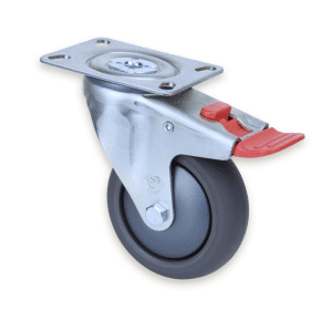 M Series castor, 100mm polyurethane on nylon wheel, swivel plate, total brake, Bluestone thread guard, 200 kg load
