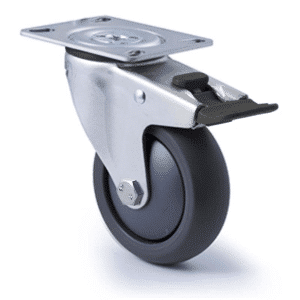 M Series castor, 100mm polyurethane on nylon wheel, swivel plate, total brake, black seal & pedal, Bluestone thread guard, 200 kg load