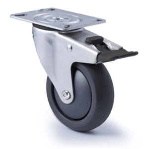 M Series castor, 100mm polyurethane on nylon wheel, swivel plate, total brake, black seal & pedal, Bluestone thread guard, 200 kg load