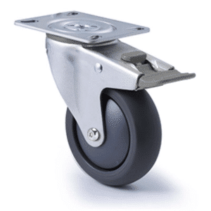 M Series castor, 100mm polyurethane on nylon wheel, swivel plate, total brake, grey seal & pedal, Chicago screw axle, Bluestone thread guard, 200 kg load