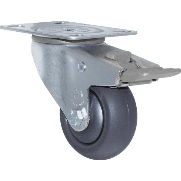 M Series castor, 75mm polyurethane on nylon wheel, swivel North American (NA) plate, total brake, grey seal & pedal, Bluestone thread guard, 200 kg load 1 M Series castor, 75mm polyurethane on nylon wheel, swivel North American (NA) plate, total brake, grey seal & pedal, Bluestone thread guard, 200 kg load
