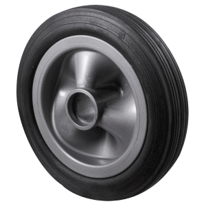 Narrow utility wheel, 250mm x 50mm black rubber tyre, plastic center, no bearing, 150 kg load