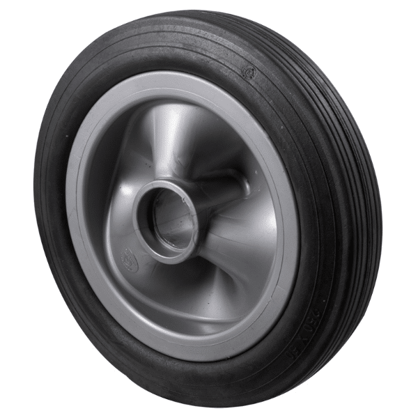 Narrow utility wheel, 250mm x 50mm black rubber tyre, plastic center, no bearing, 150 kg load