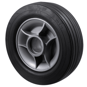 Wide utility wheel, 250mm x 75 mm black rubber tyre, plastic center, no bearing, load rating 180 kg.