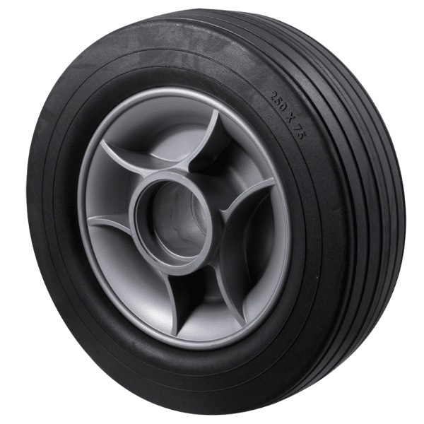 Wide utility wheel, 250mm x 75 mm black rubber tyre, plastic center, no bearing, load rating 180 kg.