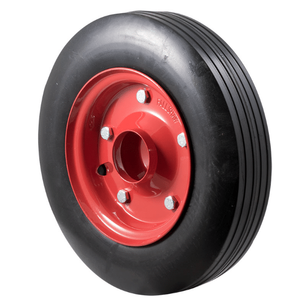 Soft-cushioned multi-purpose wheel, 280mm x 70mm black rubber tyre, split rim, steel center, no bearing, 200 kg load