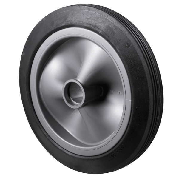 Puncture-proof, 300mm x 50mm black rubber tyre on plastic wheel for wheelbarrows & utility equipment, no bearing, 150 kg load