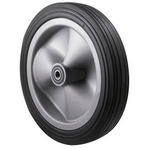 Puncture-proof, 400mm x 70mm black rubber tyre on plastic wheel for wheelbarrows & utility equipment, precision bearing, 5/8 inch ID (inside diameter), 150 kg load
