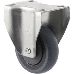 M Series castor, energy absorbent, 100mm grey rubber wheel (tall profile), precision bearing, fixed plate, Chicago screw axle, 100 kg load rating