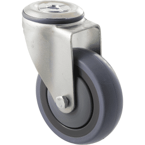 M Series castor, energy absorbent, 100mm grey rubber wheel (tall profile), precision bearing, swivel bolt hole, 100 kg load rating