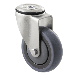 M Series castor, energy absorbent, 100mm grey rubber wheel (tall profile), precision bearing, swivel bolt hole black seal, 100 kg load rating