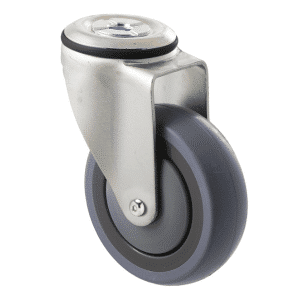 M Series castor, energy absorbent, 100mm grey rubber wheel (tall profile), precision bearing, swivel bolt hole, Chicago screw axle, black seal, 100 kg load rating