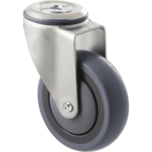 M Series castor, energy absorbent, 100mm grey rubber wheel (tall profile), precision bearing, swivel bolt hole, Chicago screw axle, 100 kg load rating