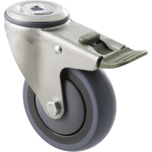 M Series castor, energy absorbent, 100mm grey rubber wheel (tall profile), precision bearing, swivel bolt hole, direction lock, 100 kg load rating