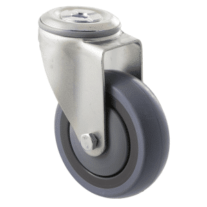 M Series castor, energy absorbent, 100mm grey rubber wheel (tall profile), precision bearing, swivel bolt hole grey seal, 100 kg load rating