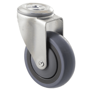 M Series castor, energy absorbent, 100mm grey rubber wheel (tall profile), precision bearing, swivel bolt hole, Chicago screw axle grey seal & pedal, 100 kg load rating