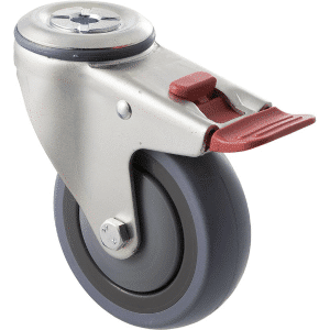 M Series castor, energy absorbent, 100mm grey rubber wheel (tall profile), precision bearing, swivel bolt hole, total brake, 100 kg load rating