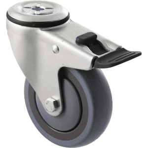 M Series castor, energy absorbent, 100mm grey rubber wheel (tall profile), precision bearing, swivel bolt hole, total brake, black seal & pedal, 100 kg load rating