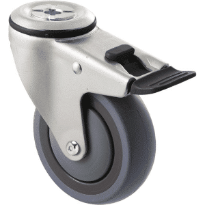 M Series castor, energy absorbent, 100mm grey rubber wheel (tall profile), precision bearing, swivel bolt hole, total brake, Chicago screw axle black seal & pedal, 100 kg load rating