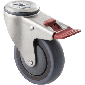 M Series castor, energy absorbent, 100mm grey rubber wheel (tall profile), precision bearing, swivel bolt hole, total brake, Chicago screw axle, 100 kg load rating