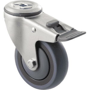 M Series castor, energy absorbent, 100mm grey rubber wheel (tall profile), precision bearing, swivel bolt hole, total brake, grey seal & pedal, 100 kg load rating