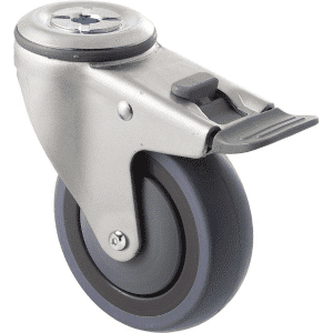 M Series castor, energy absorbent, 100mm grey rubber wheel (tall profile), precision bearing, swivel bolt hole, total brake, Chicago screw axle grey seal & pedal, 100 kg load rating