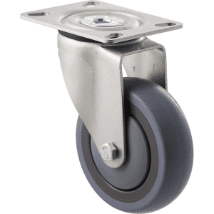 M Series castor, energy absorbent, 100mm grey rubber wheel (tall profile), precision bearing, swivel plate, black seal & pedal, 100 kg load rating