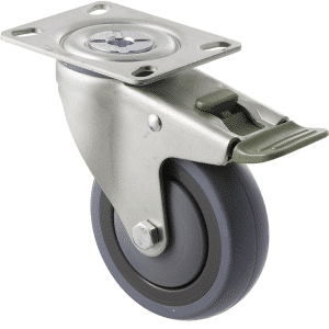 M Series castor, energy absorbent, 100mm grey rubber wheel (tall profile), precision bearing, swivel plate, direction lock, 100 kg load rating