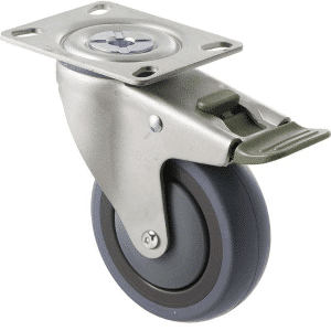 M Series castor, energy absorbent, 100mm grey rubber wheel (tall profile), precision bearing, swivel plate, direction lock, Chicago screw axle, 100 kg load rating