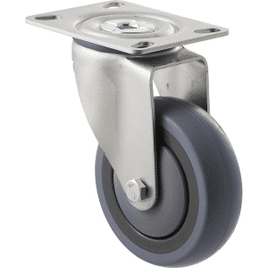 M Series castor, energy absorbent, 100mm grey rubber wheel (tall profile), precision bearing, swivel North American (NA) plate, 100 kg load rating