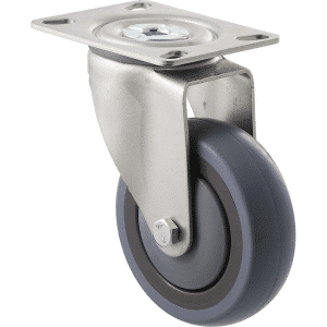 M Series castor, energy absorbent, 100mm grey rubber wheel (tall profile), precision bearing, swivel North American (NA) plate, grey seal, 100 kg load rating