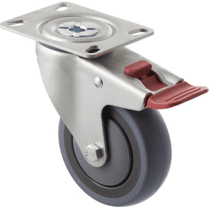 M Series castor, energy absorbent, 100mm grey rubber wheel (tall profile), precision bearing, swivel North American (NA) plate, total brake, 100 kg load rating